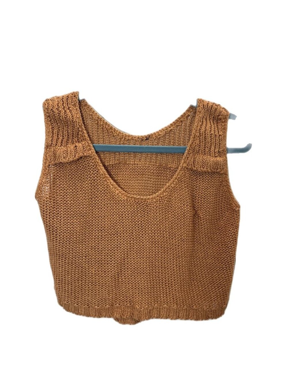 Handmade Knit Cropped Sweater Tank Caramel Tan Ribbed Yoke Size M
